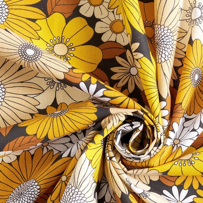 Cotton Cretonne large retro flowers – black/sunglow,  image number 3