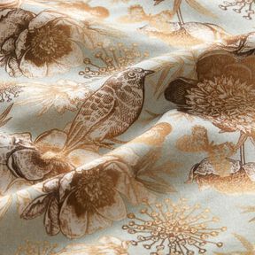 viscose fabric birds and wild roses – dove blue/caramel, 