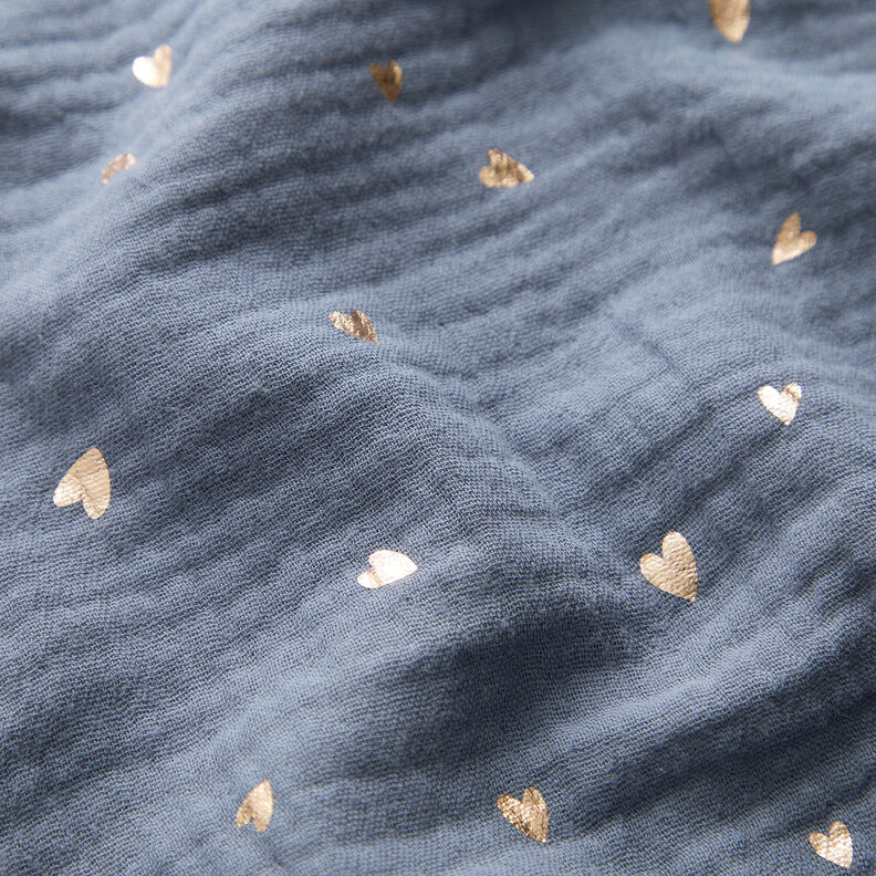 Double Gauze/Muslin Hearts Foil Print | by Poppy blue grey/metallic gold,  image number 3