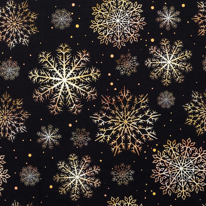 French terry Christmas snow crystals | Glitzerpüppi – black/gold,  image number 1