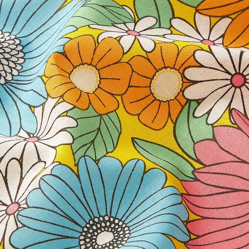 Cotton Cretonne large retro flowers – turquoise/sunglow,  image number 2