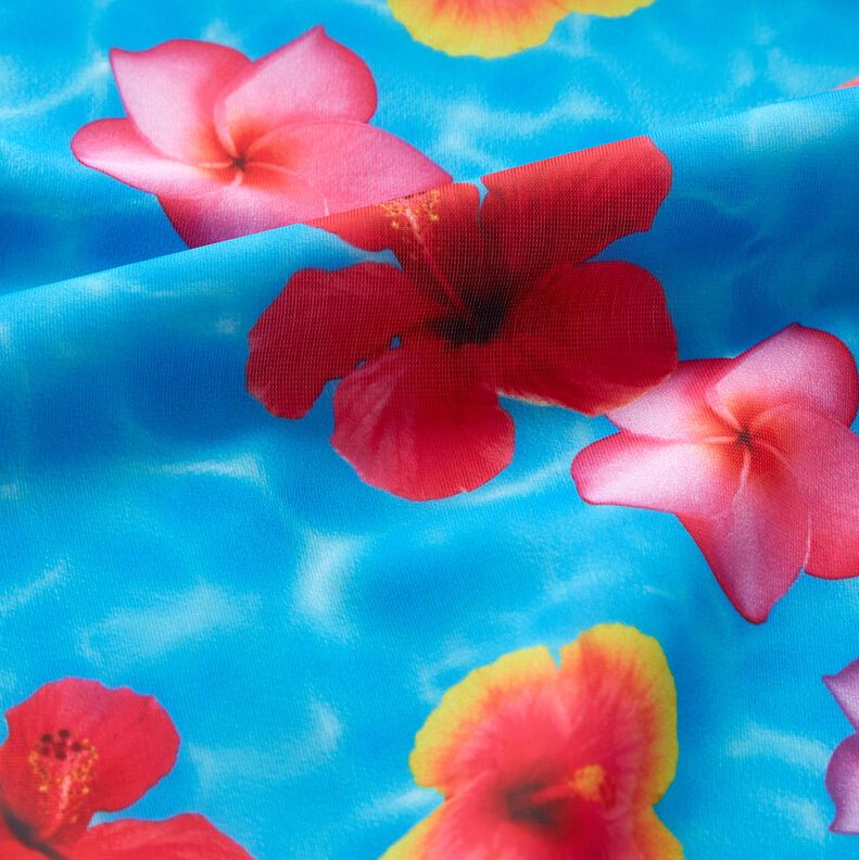 Swimsuit Fabric Hawaiian Flowers – blue/intense pink,  image number 3