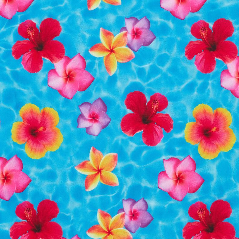 Swimsuit Fabric Hawaiian Flowers – blue/intense pink,  image number 1