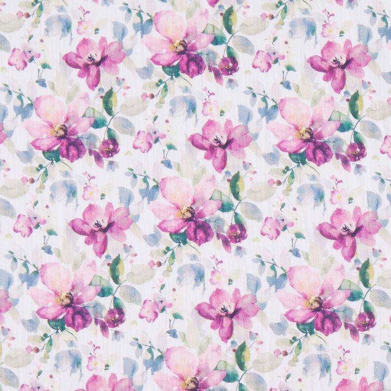 Double Gauze/Muslin Watercolour flowers Digital Print | by Poppy white/purple,  image number 1