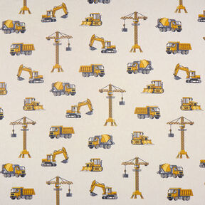 Decor Fabric Half Panama Construction site vehicles – natural/curry yellow, 