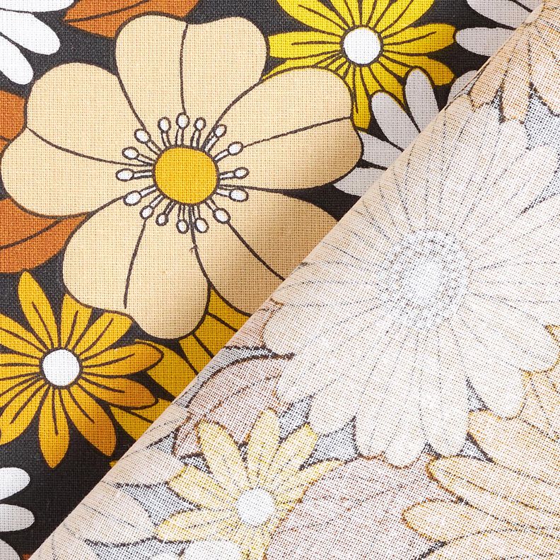 Cotton Cretonne large retro flowers – black/sunglow,  image number 4