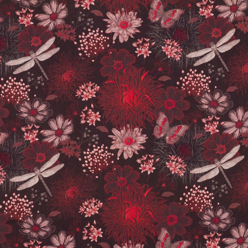 viscose fabric flowers and dragonflies – black/red,  image number 1