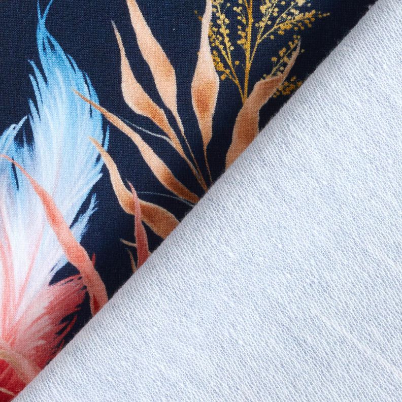 French Terry Border fabric dried flowers and feathers | Glitzerpüppi – midnight blue/cinnamon,  image number 4