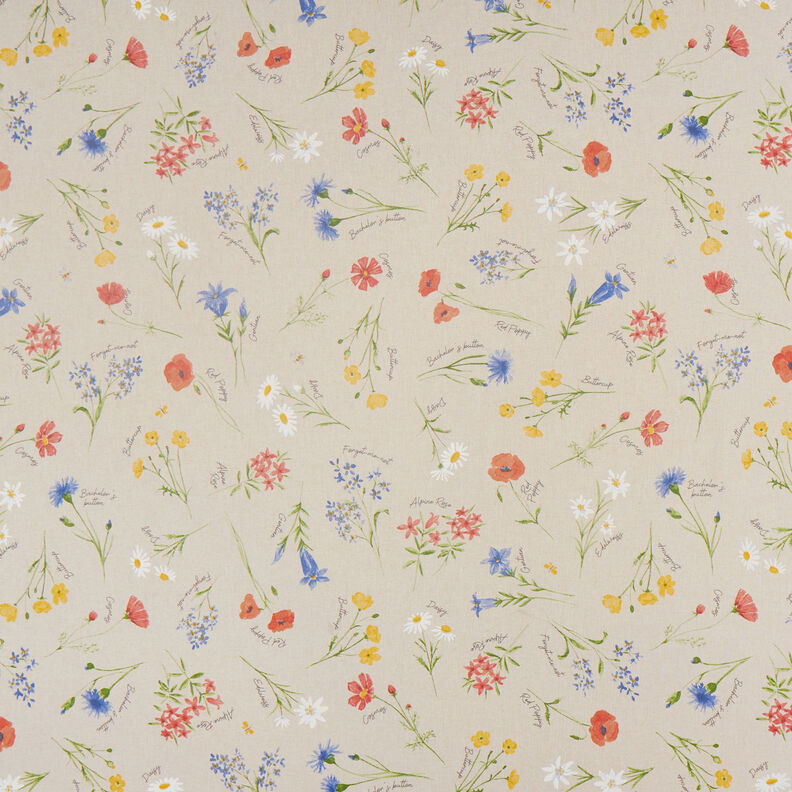 Decor Fabric Half Panama Alpine flowers – natural/blue,  image number 1