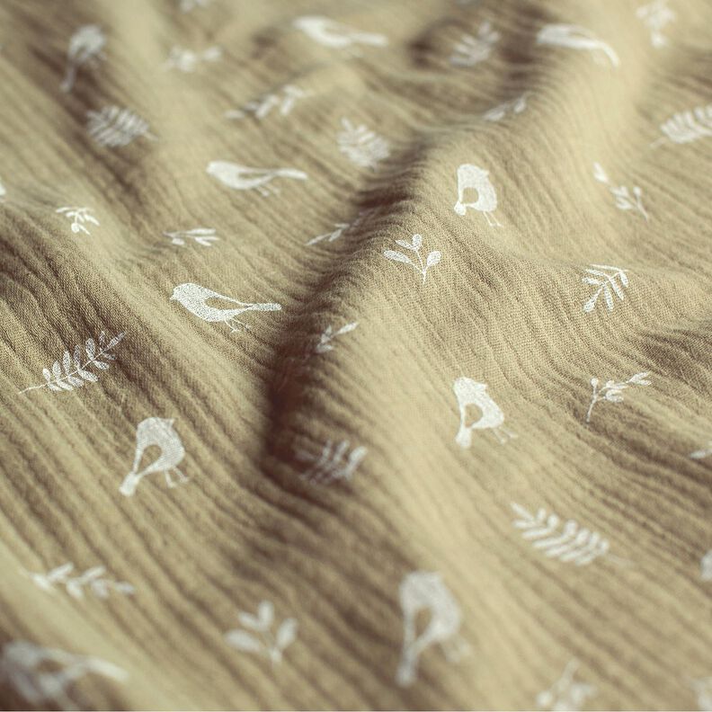 Double Gauze/Muslin Branches and birds – light khaki/white,  image number 2