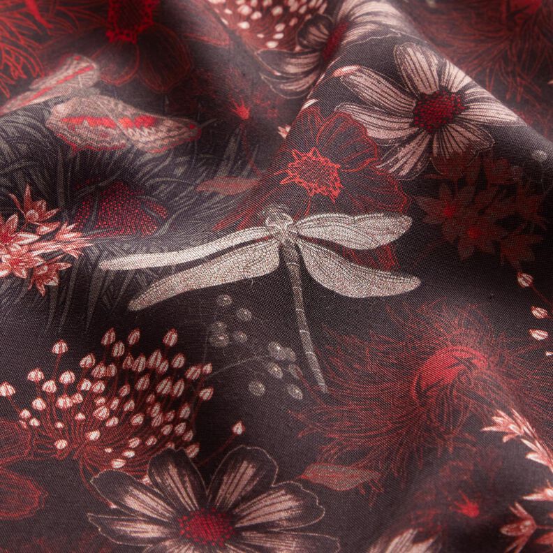 viscose fabric flowers and dragonflies – black/red,  image number 2