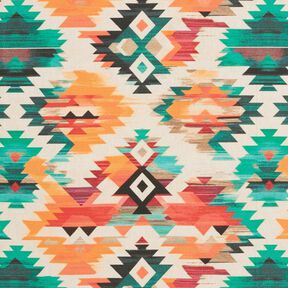 Decor Fabric Half Panama abstract ethnic print – light beige/emerald green, 