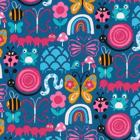 Cotton Cretonne butterflies and bees – ocean blue/intense pink, 
