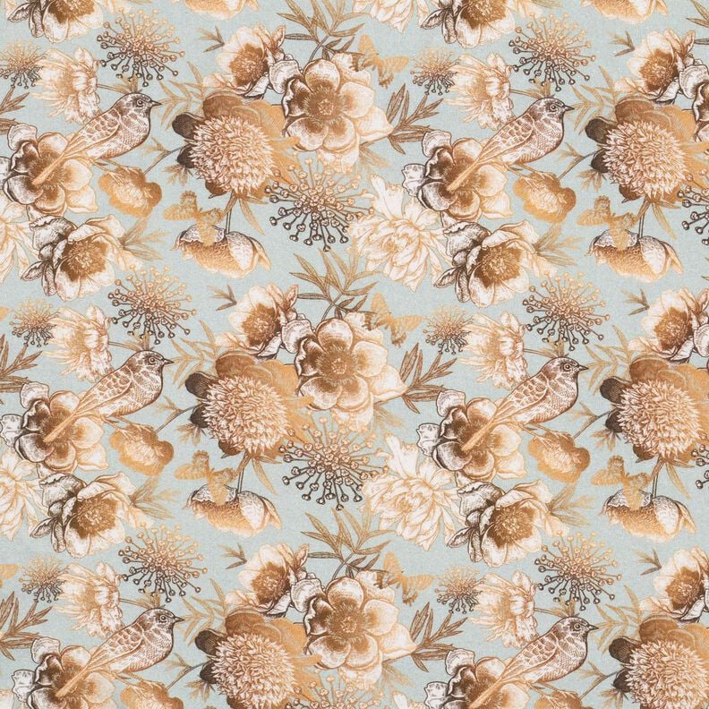 viscose fabric birds and wild roses – dove blue/caramel,  image number 1