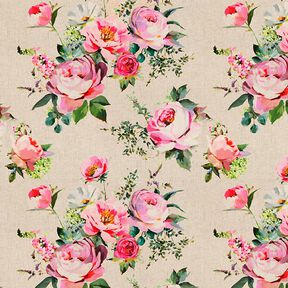 Watercolour Roses Digital Print Half Panama Decor Fabric – natural, 
