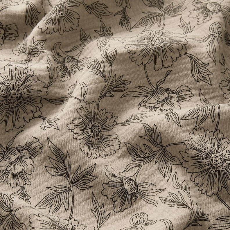 Double Gauze/Muslin Large Flowers – light taupe/black,  image number 2