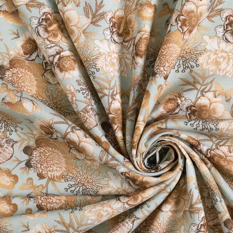 viscose fabric birds and wild roses – dove blue/caramel,  image number 3