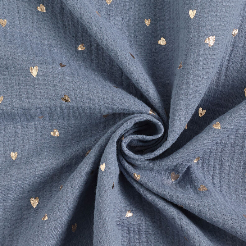 Double Gauze/Muslin Hearts Foil Print | by Poppy blue grey/metallic gold,  image number 4