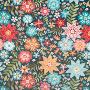 Decor Velvet embroidered flowers – petrol/carmine, 