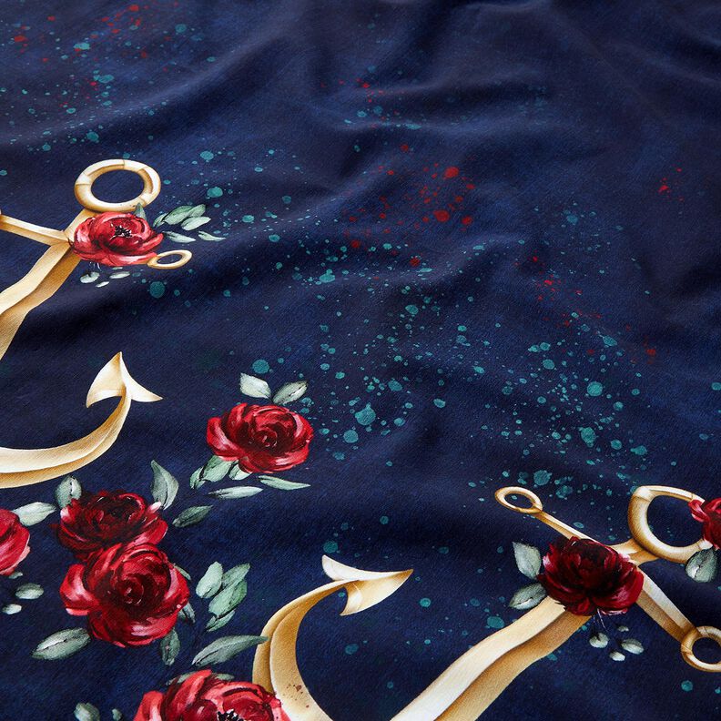 Cotton Jersey Anchors and roses | Glitzerpüppi – midnight blue/antique gold,  image number 2