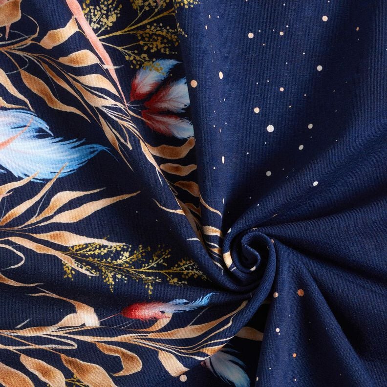 French Terry Border fabric dried flowers and feathers | Glitzerpüppi – midnight blue/cinnamon,  image number 3