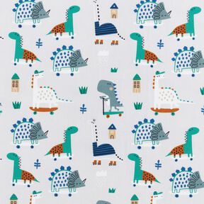 Decor Fabric Half Panama skating dinosaurs – silver grey/peppermint, 