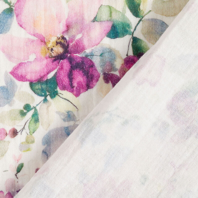 Double Gauze/Muslin Watercolour flowers Digital Print | by Poppy white/purple,  image number 4