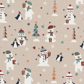 Cotton Jersey penguin, polar bear and snowman – almond, 