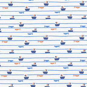 Cotton Poplin Stripes, ships and fish – white/royal blue, 