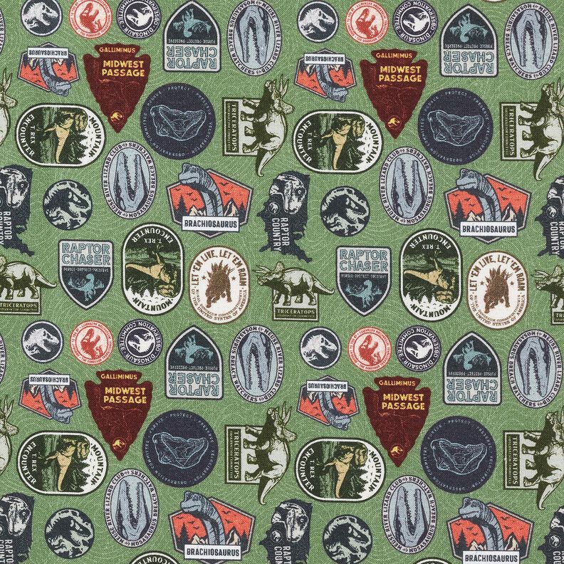 Cotton Poplin Jurassic Park Patches Licensed Fabric | Universal Studios – pine,  image number 1