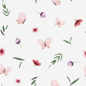 Cotton Poplin flowers and butterflies – white, 