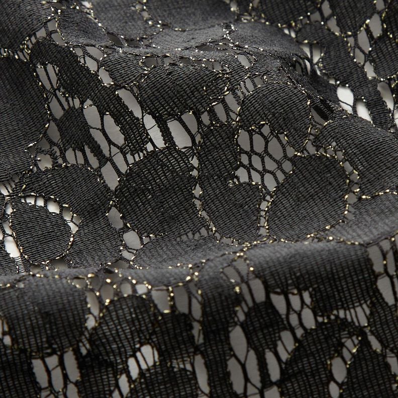 Lace fabric Lurex flowers – black/metallic gold,  image number 3