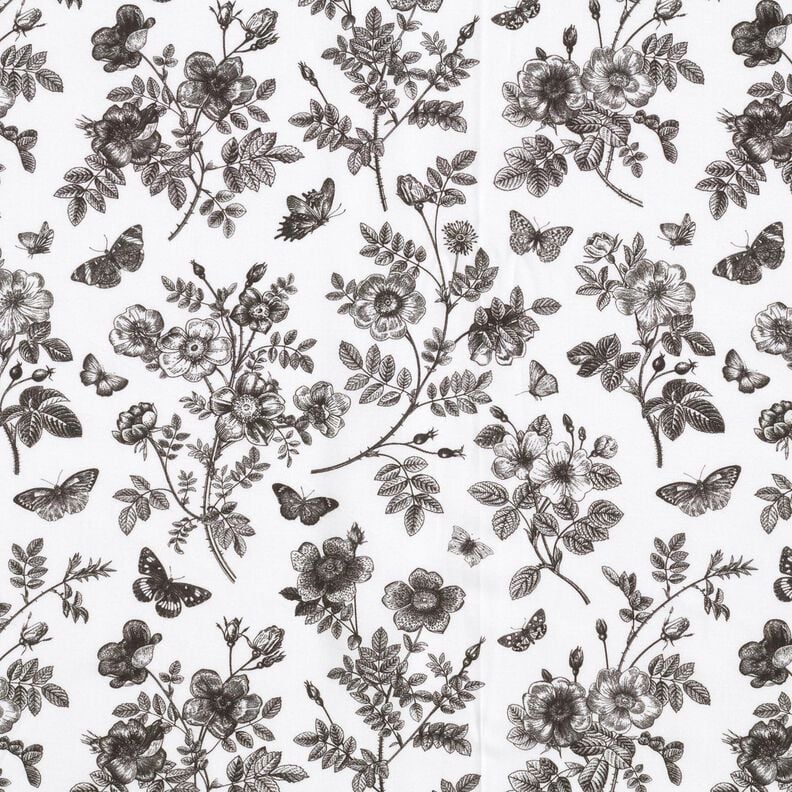 viscose fabric flowers and butterflies – white/black,  image number 1