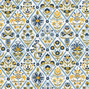 Cotton Cretonne flower tiles – white/brilliant blue, 