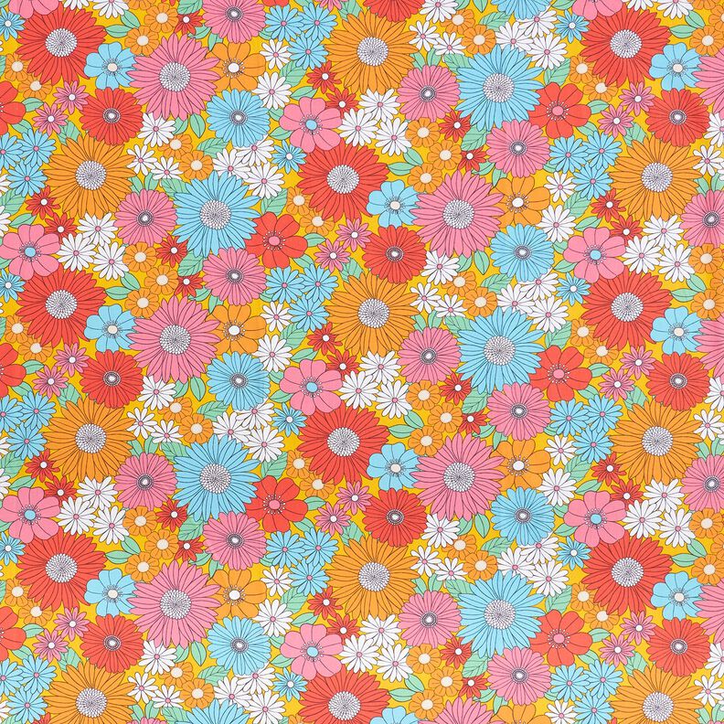 Cotton Cretonne large retro flowers – turquoise/sunglow,  image number 1