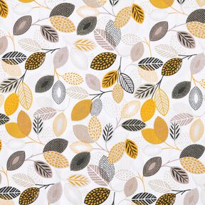 Cotton Cretonne artistic leaves – white/curry yellow, 