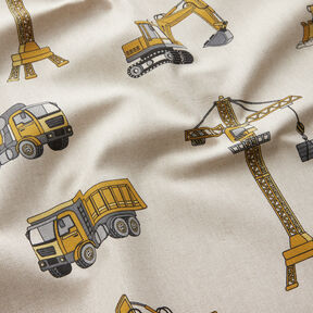 Decor Fabric Half Panama Construction site vehicles – natural/curry yellow, 