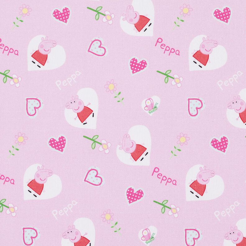 Cotton Poplin Peppa Hearts Licensed Fabric | ABC Ltd – pastel violet,  image number 1