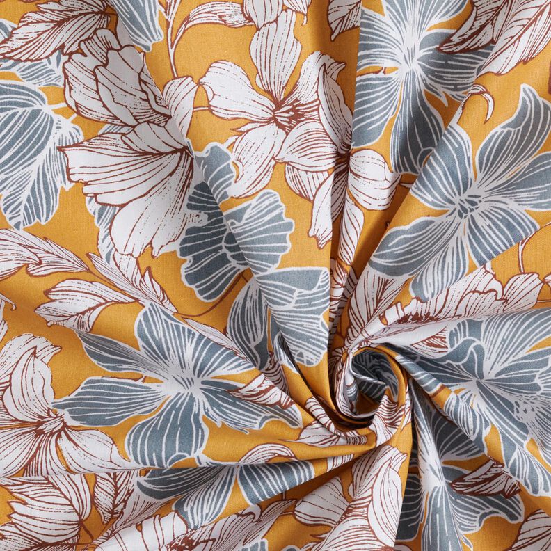 Cotton Cretonne large flowers – mustard/grey,  image number 3