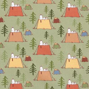 Cotton poplin licensed fabric Snoopy & Woodstock camping | Peanuts ™ – pistachio, 