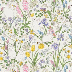 Decor Fabric Half Panama bunnies in a flower meadow – ivory/light pink, 