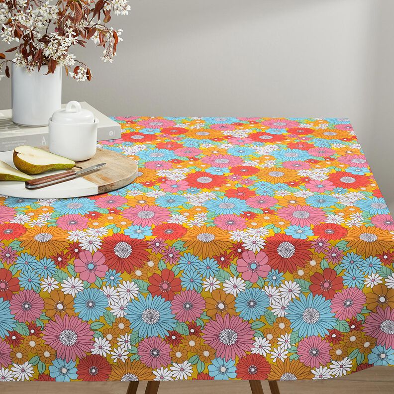 Cotton Cretonne large retro flowers – turquoise/sunglow,  image number 6