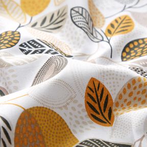 Cotton Cretonne artistic leaves – white/curry yellow, 