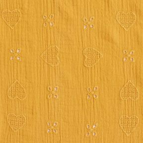 Double Gauze/Muslin Broderie Anglaise hearts – curry yellow, 