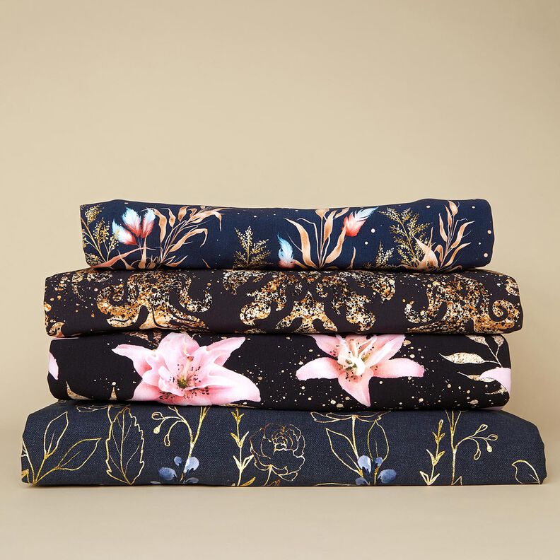 French Terry Border fabric dried flowers and feathers | Glitzerpüppi – midnight blue/cinnamon,  image number 5