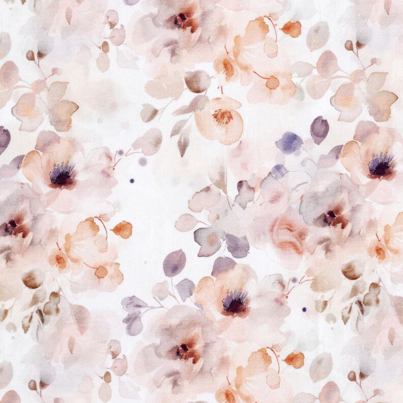 GOTS Cotton Jersey Watercolour wild roses digital print – white/light dusky pink,  image number 1